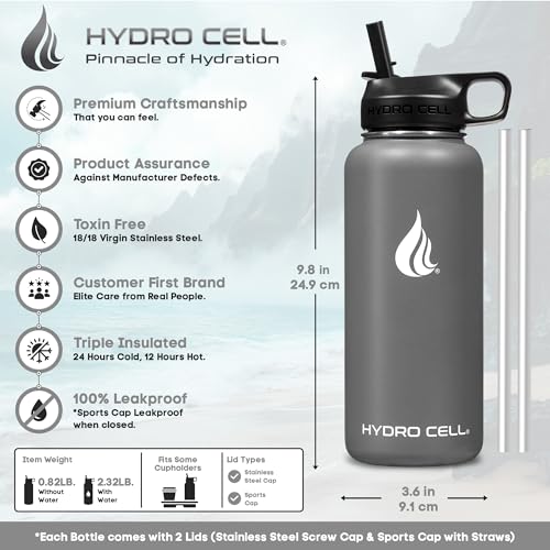 Image of HYDRO CELL Stainless Steel Insulated Water Bottle with Straw - For Cold & Hot Drinks - Metal Vacuum Flask with Screw Cap and Modern Leakproof Sport Thermos for Adults (Graphite 32oz)