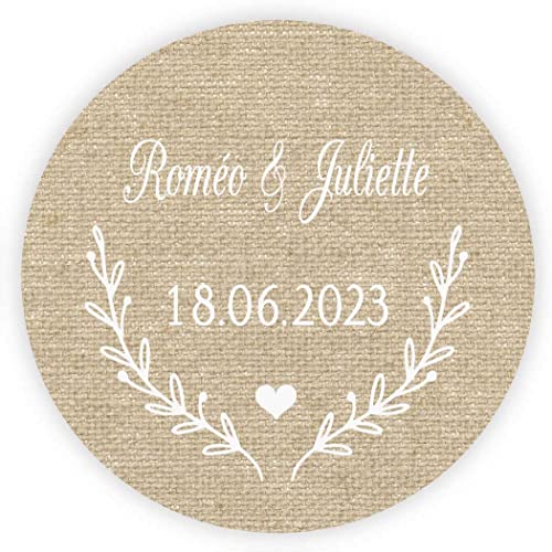 MameArt 50 Stück 4cm Hochzeit Aufkleber Personalisiert mit Namen, Aufkleber für Hochzeit Gastgeschenk Taufe Kommunion Geburtstag Feste Geschenke Präsente (Leinen) Cover