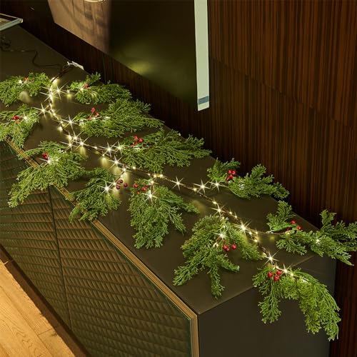Birchlitland Christmas Garland with Lights Cadar Lighted Garland Battery Operated with Timer or USB Light 6FT 80 LED Fairy Lights, Faux Vine with Lights for Mantel Fireplace and Holiday Decor by Birchlitland - Used condition - US$12.15
