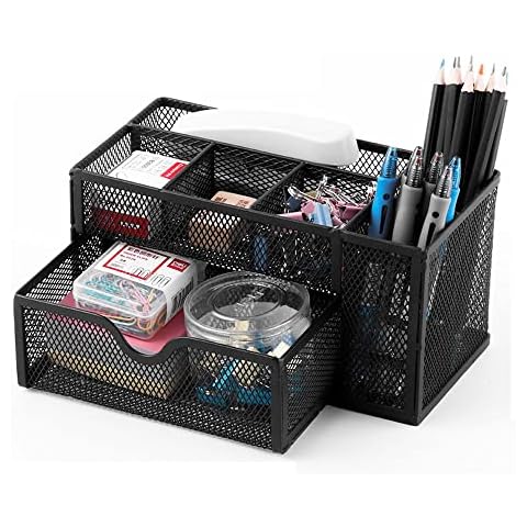 Mesh Desk Organiser with Drawer, Multi-Functional Pen Holder Desk Tidy Stationery Storage Rack for Home Office School Supplies Accessories Caddy (Black) Cover