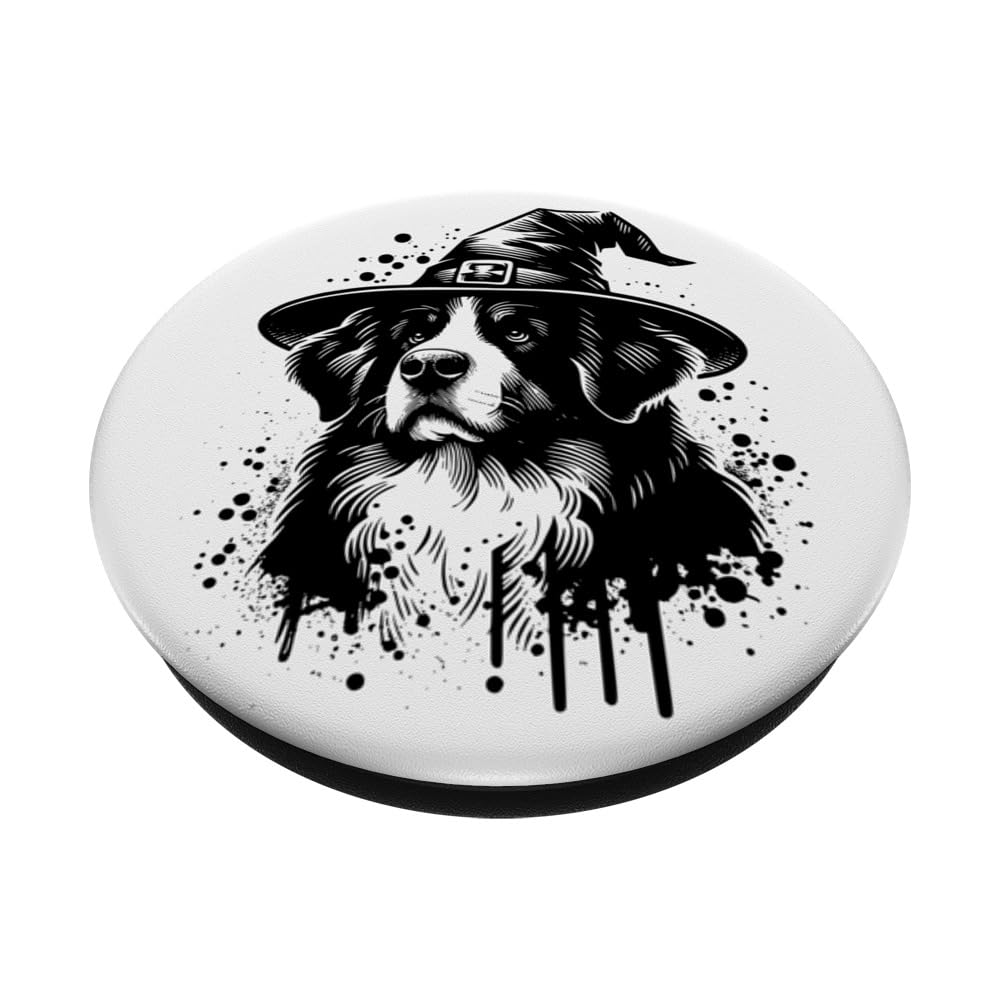 Witchy Bernese Mountain Halloween Vintage Dog Portrait PopSockets Swappable PopGrip, Black - Image 2