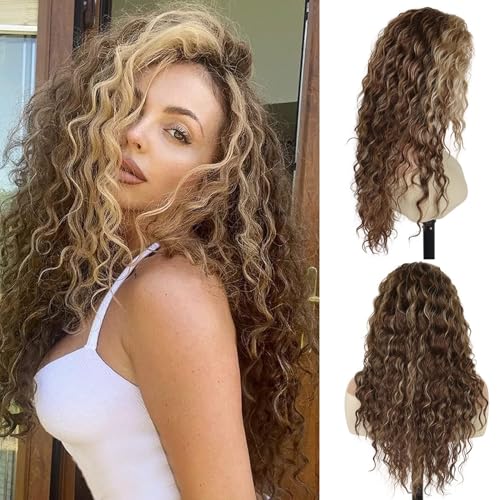 Image of GNIMEGIL Super Long Curly Wig 80s Big Wavy Wigs for Women Brown Mixed Blonde Highlights Fluffy Curls Free Part Root Synthetic Costume Party Carnival Wig with Hairpin