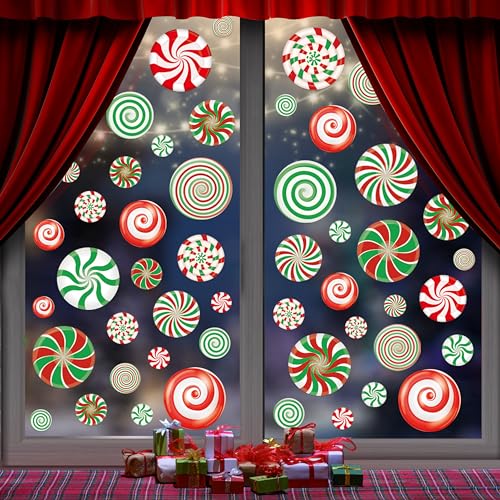 81 PCS Christmas Candy Window Clings, Christmas Peppermint Candy Windows Decals Stickers for Kids, Removable Winter Window Sticker for Glass Xmas Holiday School Party Decorations