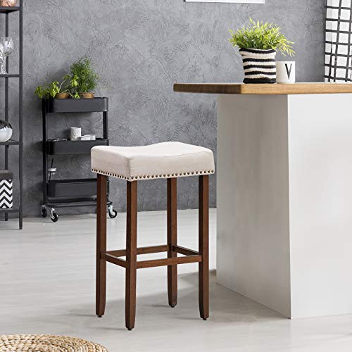 Costway Bar Stools Set Of 2, 29 Inch Backless Counter Height Stools With Brass Nail Head Studs, Thick Cushion & Solid Wood Legs, Upholstered Counter Saddle Stools For Room Kitchen Bistro Pub, Beige #TOP2