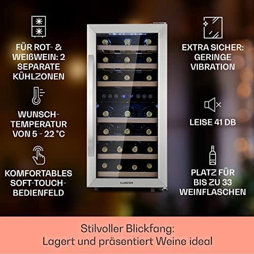 Klarstein Weinkühlschrank Freistehend, Kleiner Getränkekühlschrank Schmal, 2 Zonen Weinkühlschrank mit Glastür, Indoor/Outdoor Beersafe, Kühlschrank Klein mit LED-Lichter, 5-18°C, 33 Flaschen