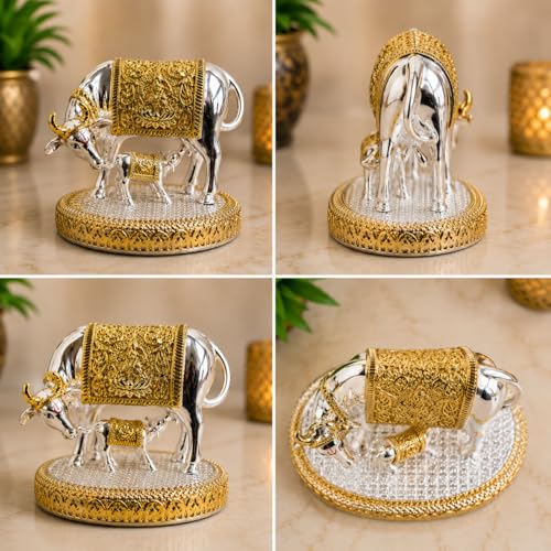 Image of KYAT Pure 999 Fine Silver Kamdhenu Cow with Calf Idol Elephant Pair (Kamdhenu Gold & Silver- 2.5'')
