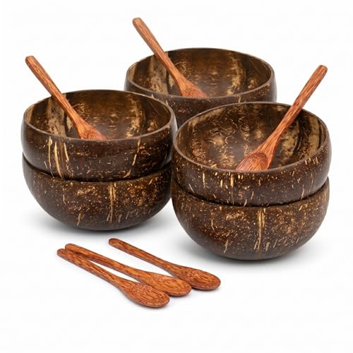 Image of Thenga Jumbo Coconut Shell Bowls with Wooden Spoons, 900 ML, Set of 6 | Reusable artisan tableware, polished natural finish, ideal for smoothie bowls, salads, breakfast, meals and serving