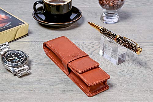 Image of DiLoro Leather Double Pen Case Pencil Pouch Holder for Two Fountain Pens Ballpoint Rollerball and Pencils (Bugatti Tan)