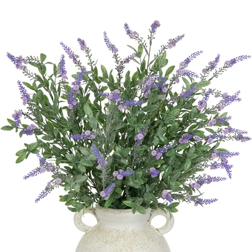 6Pcs Fake Lavender Flowers Artificial Plastic Flowers for Indoors & Outdoors 28 UV Resistant Faux Flowers Stems for Spring & Summer Decorations for Home & Office Garden Porch Table Centerpieces