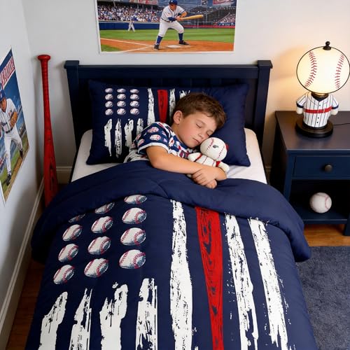 Castle Fairy Kids Baseball Gaming Comforter Set Twin Size Navy Bl...