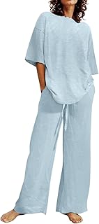 Camiseta de verano de dos piezas para mujer, camiseta y pantalón, traje de salón, manga corta, cuello redondo, ropa deportiva ligera y aireada, monocolor, Y2K festivo, azul, XL