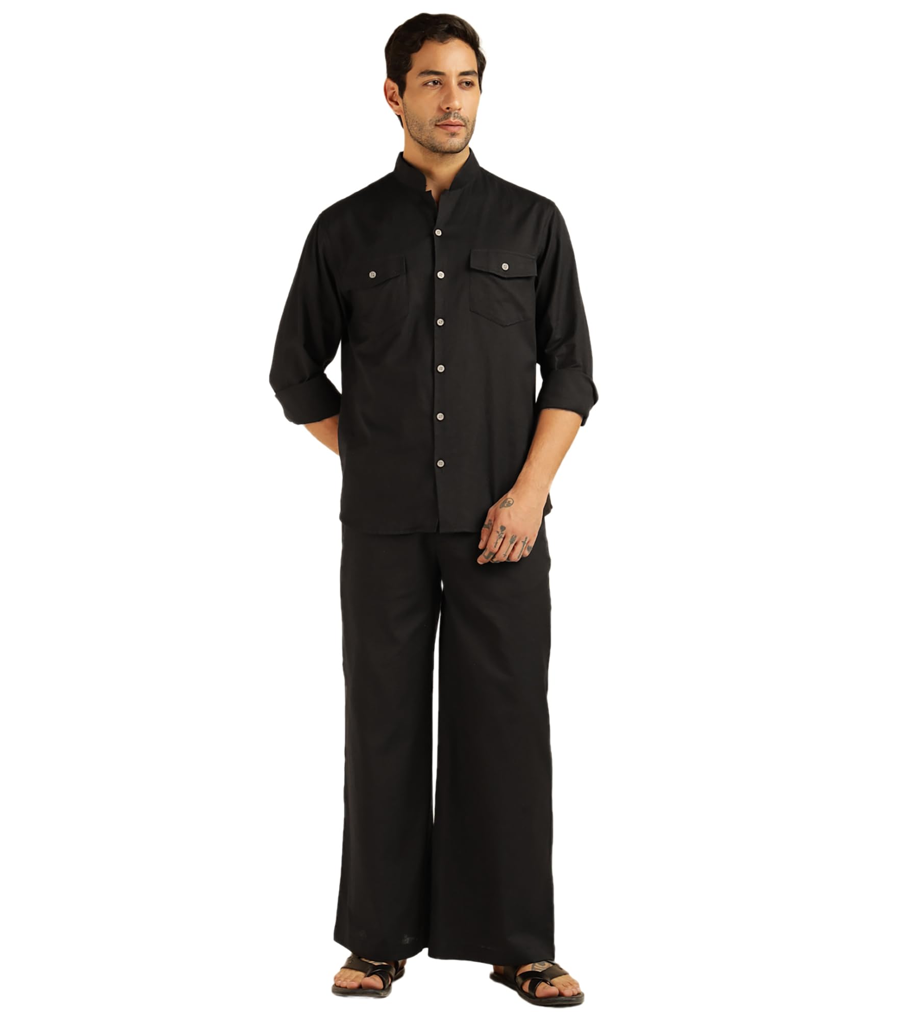 amanush Men's Striped with Solid Pure Cotton Co-Ord Set For Men|2 Piece Sets|Trouser & Shirts Combo|Vacation Dress|Casual|Latest|New (Black)-picture-30