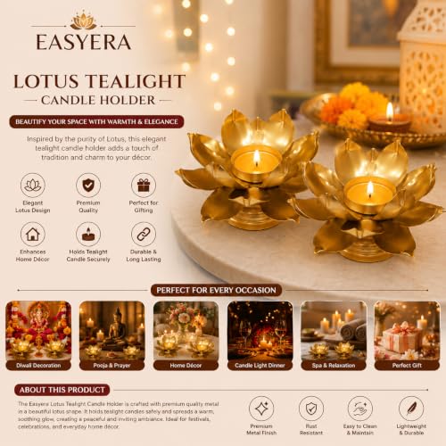 Image of Easyera Beautiful Lotus Tealight Holder Candle Stand Metal Home Decoration Festival Occasions Diwali (Not Include Glass Candle) Golden Pack ((Golden) Mini Lotus 2 /Crystal Holder 2)