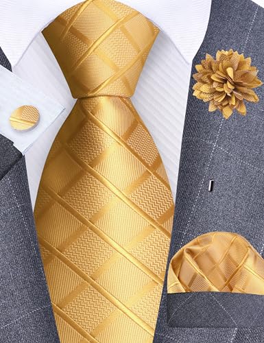 Image of GUSLESON 3.15 inch(8cm) Mens Tie and Lapel Pin Plaid Checkered Necktie Hankerchief Cufflinks Set for Men