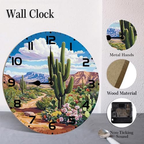 Cactus Desert Scen Kitchen Home 10 Inch Silent Vintage Design Round Wall Clock Numerals Design Non Ticking Retro Clocks Home Decor Desk Clock