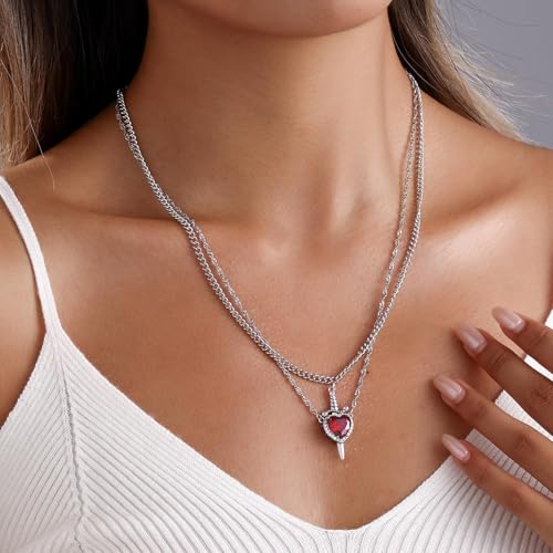 Image of figurine Gothic Jewellery, Friendship Necklace, Matching Necklace, Red Heart Pendant Collarbone Chain for Women and Girls