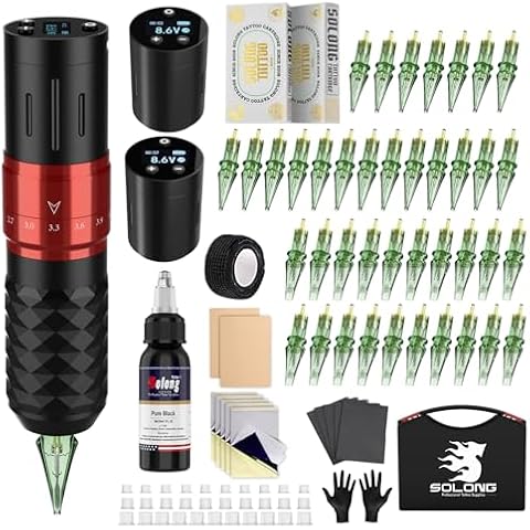 Tattoo Gun, Solong 2 Batteries 7 Strokes Wireless Tattoo Gun Kit 6500Rpm Brushless Motor Digital LED Display Tattoo Gun Wireless with 40Pcs Tattoo Needles SLE75KIT-1 Cover