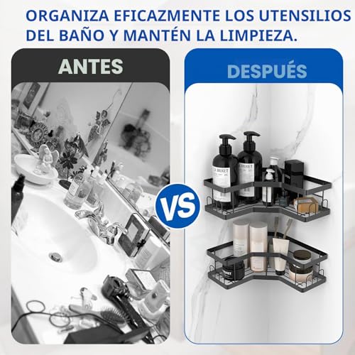 Miniatura 5 de Acemining Estanteria Ducha, 2 Pack Negro Estanteria Baño Con Adhesivo, Acero Al Carbono Estante Sin Taladro, Organizador Ducha Sin Taladro, Estante Baño De Acero Al Carbono Sólido