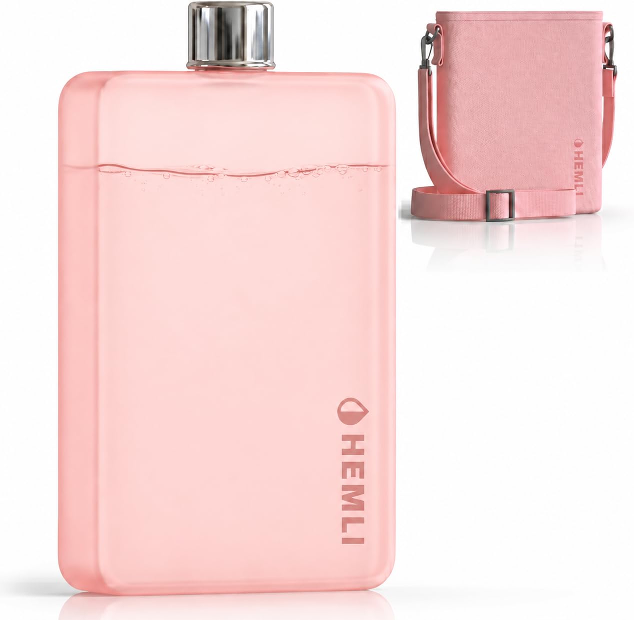 Hemli 14 oz Flat Water Bottle with Carrying Case – Thin Square Travel Water Bottle Fits in Purses & Bags – Shatterproof BPA-Free Tritan Plastic – Leakproof Silicone Seal (Pink)