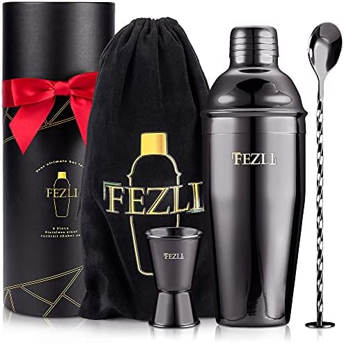 Fezli 5 PCS Cocktail Making Set 700ml Stainless Steel Cocktail Shaker Set with Strainer, Jigger and Mixing Spoon, Bartending Set with Bar Accessories & Cocktail Accessories for Drinks (Black)