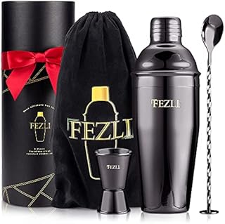 Fezli 5 PCS Cocktail Making Set 700ml Stainless Steel Cocktail Shaker Set with Strainer, Jigger and Mixing Spoon, Bartending Set with Bar Accessories & Cocktail Accessories for Drinks (Black)