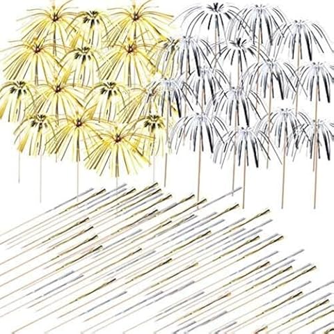 Allazone 200 PCS Cocktail Picks Firework Party Picks, 23CM Golden Silver Firework Cake Toppers, Sandwich & Cocktail Picks, Toothpicks for Cakes Decoration, Party Supplies, Christmas Decoration Cover