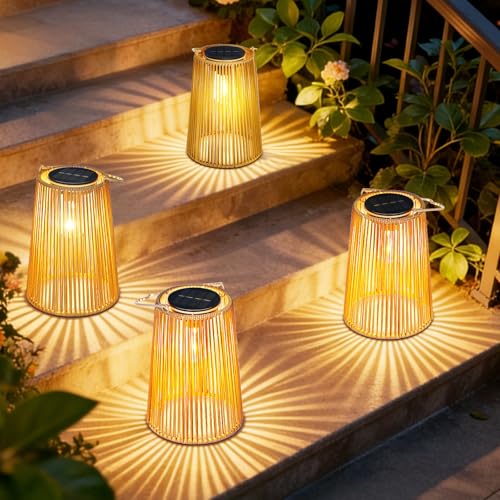 OUTONLIFE Set da 4 Lanterne Solari da Esterno in Rattan, Sospese o da Terra, LED Impermeabili con Accensione/Spegnimento Automatico, Fatte a Mano, Decorative per Giardino e Terrazza