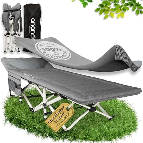 Ananda Goods® Feldbett klappbar mit Matratze – Campingbett & Gästebett klappbar, Reisebett Erwachsene, Klappbett mit Baumwoll-Leinen-Matratze...