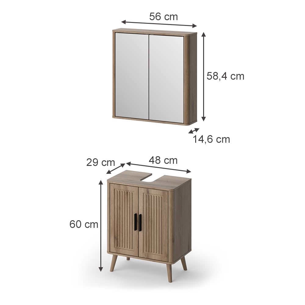 Vicco Badmöbel-Set Skara, Eiche, 48 cm, besteht aus Badspiegel und Waschbeckenunterschrank