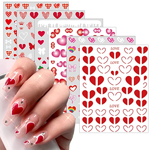 6 Sheets Red Love Nail Art Stickers,Nail Supplies 3D Cute Nail Decals Nail Art Pink Plaid Strawberry Flower Butterfly Love Heart Self-Adhesive Design Sticker Acrylic Nail Art Decoration For Woman Girl #TOP20