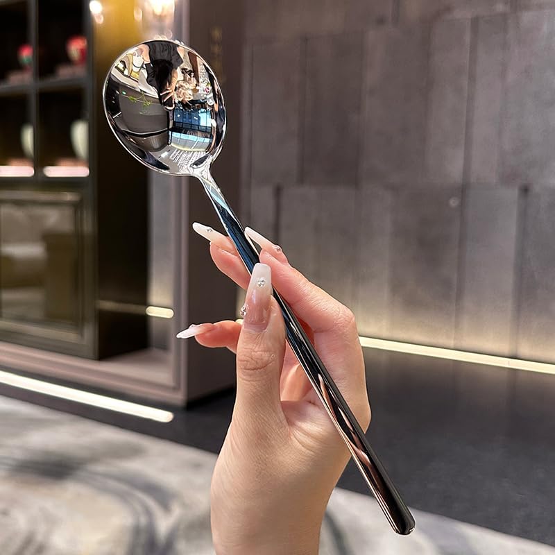 Stainless Steel Tableware Spoon Thicken Metal Dinner Spoons Long Handle Flatware Rice Dessert Soup Spoon for Home Kitchen Restaurant Camping Middle