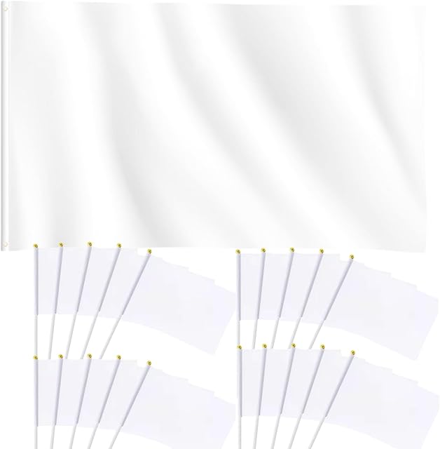 Blank White Flags DIY 5ft x 3ft and 20pcs Party Handheld Flags on Plastic Stick 8.2 x 5.5 Inch White Plain Banners Pennant Decoration for Game School Sport Events, Festival Birthday Party Supplies