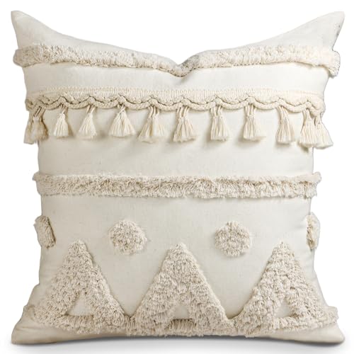 Kokaaee Throw Pillow Covers 18x18 - Tufted Boho Decorative Pillow Cover with Zipper for Couch Sofa Bed Living Room Aesthetic Soft Farmhouse Textured Striped Indoor Pillowcase, Cream Tassel