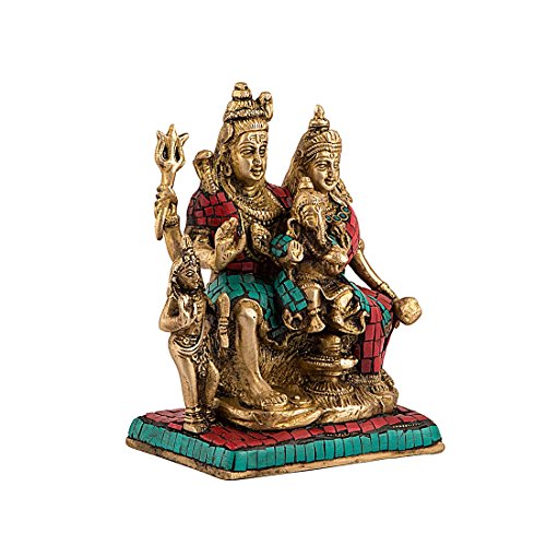 Image of Collectible India Shiva Family Brass Sculpture - Shiv Shankar, Ganesh, Parvati, Kartikey Statue (Multicolour, 5.5x4 Inches)