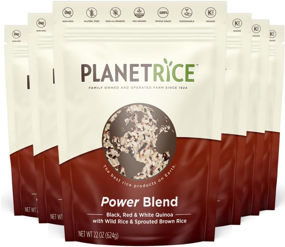 Planet Rice Power Blend - Brown Rice + Tri Color Quinoa + Wild Rice for Meal Prep and Bulk Cooking - Gluten-Free, Vegan, Paleo, Non-Allergenic, 64% more Fiber and 33% more Protein - 22 oz (Pack of 6)