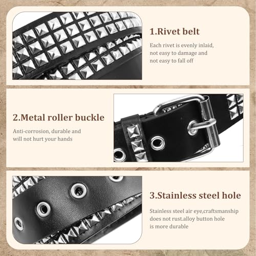 3Pcs Black Studded Belt Set, Y2K Star Belt Gothic Punk Rock Belt with Metal Pyramid Grommets for Women & Men4