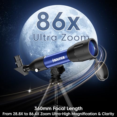 Image of Sounce 50mm Astronomical Land and Sky Refractor Telescope with 28.8x -86.4x Zoom Fully Coated Optics Compatible with Beginner Astronomy Viewing for Kids and Adults Portable Tripod Phone Holder (Black)