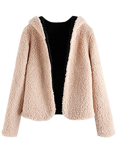 ZAFUL Women's Open Front Reversible Teddy Coat Faux Fur Hooded Cardigan Jacket,Apricot,Small