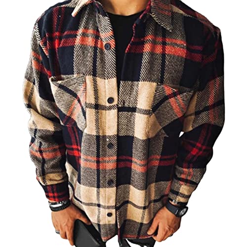 Maiyifu-GJ Men's Flannel Plaid Shirt Jackets Long Sleeve Checkered Button Down Shirts Regular Warm Outdoor Tops with Pocket (Red 1,XX-Large)