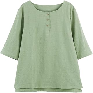Minibee Women's 3/4 Sleeve Cotton Linen Jacquard Blouses Top T-Shirt