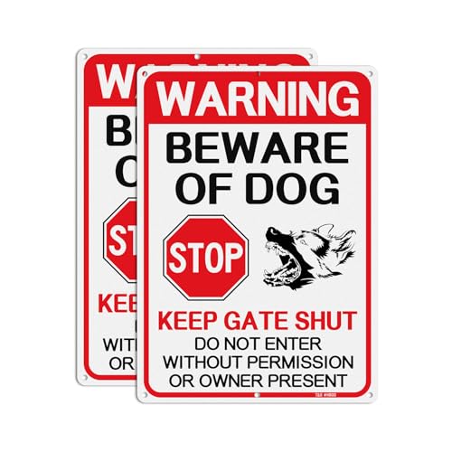 T&R Large Beware of Dog Signs - 2 Pack - 14 x 10 Inches Rust Free .040 Aluminum Reflective for Fence - Do Not Enter Sign for Garden and Yard, Wall Decor - 6 Pre-drilled Holes