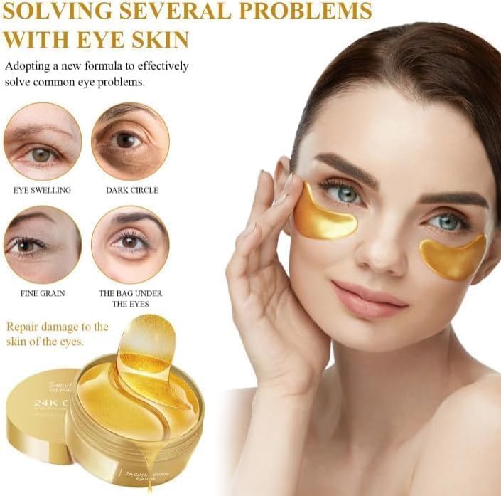 SWIREUK Under Eye Patches - 60 Pcs - 24K Gold Eyes Mask- Puffy Eye & Dark Circles Treatments, Reduce Under Eye Bags Smooth Wrinkles, Skin Care Pads | Hydrogel Patch Mask Eyes Treatment/Dryness Relief.