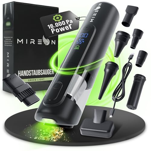 Mireon Handstaubsauger Akku 16000Pa mit Green Light, kabelloser Auto Handstaubsauger, Mini Handsauger mit waschbarem HEPA-Filter, starker Tisch- und Autostaubsauger für Auto, Büro & Haushalt