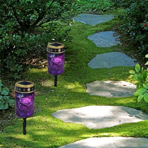 Image of Purple Rose Solar Lights for Grave Cemetery Decor 2 Pcs
