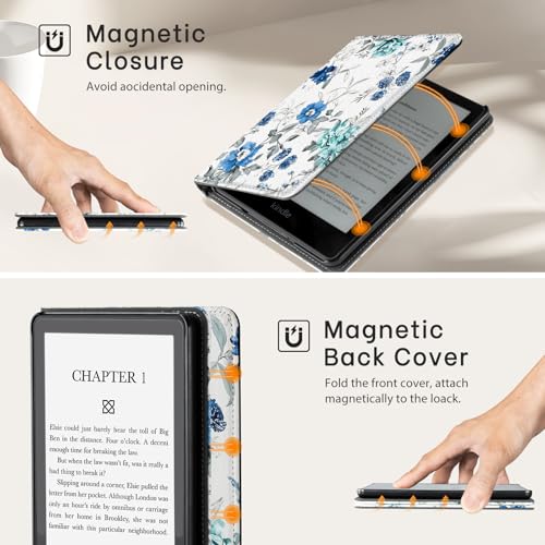 Image of CoBak Case with Stand for TCL 6.8 inch E-Book Reader -Cover with Auto Sleep Wake,Card Slot,Hand Strap Feature,Blue Blossom