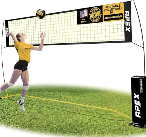 Apex Sports Volleyball Net Training – 12' Wide, Portable Adjustable Height 7.4' to 8' – Includes Ground Stakes, Carry Bag – Indoor & Outdoor Use, Designed by Pro Athletes for Peak Performance