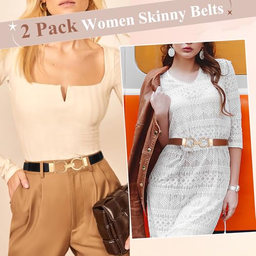 WHIPPY 2 Pack Skinny Elastic Belts for Women Thin Stretchy Waist Belt for Dresses with Gold Buckle2