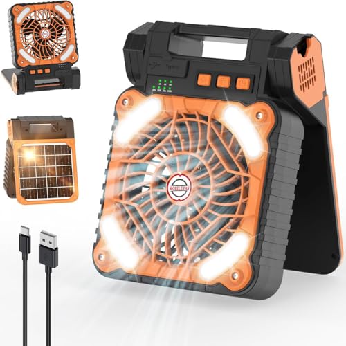 ShopINess Ventilatore portatile 3 in 1 con torcia LED e Power Bank pannello solare integrato 7800 mAh batteria ricaricabile 4 velocità per campeggio emergenza e viaggio colore arancione