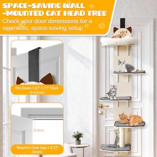 Image of 5-Levels Door Hanging Cat Climber, Vertical Door-Mounted Cat Tree Tower with Full Carpeted Plank & Cat Scratching Post for Small Medium Cats (5-Levels, Cat Head Style)
