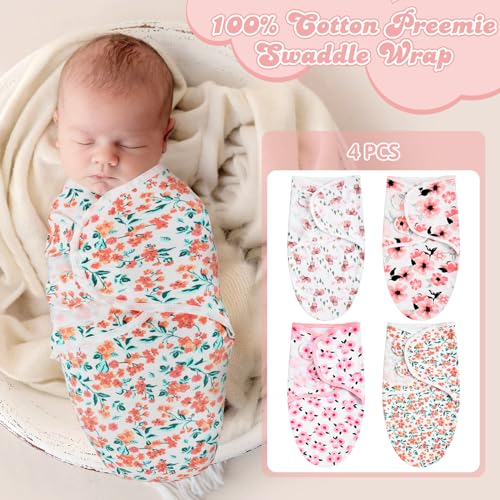 Image of Newwiee 4 Pcs Preemie Baby Swaddle Wrap Adjustable Cotton Swaddle Sleep Blanket for Preemie Boy Girl Improves Sleep Essentials(Flower Style)